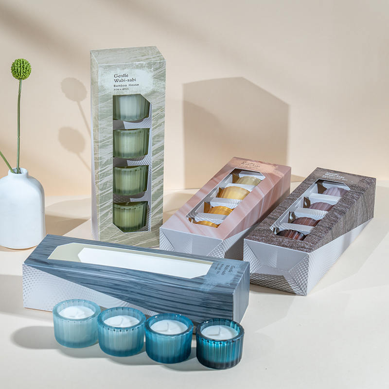 Set 4 cangkir lilin kaca kerdil kecil bergaris vertikal