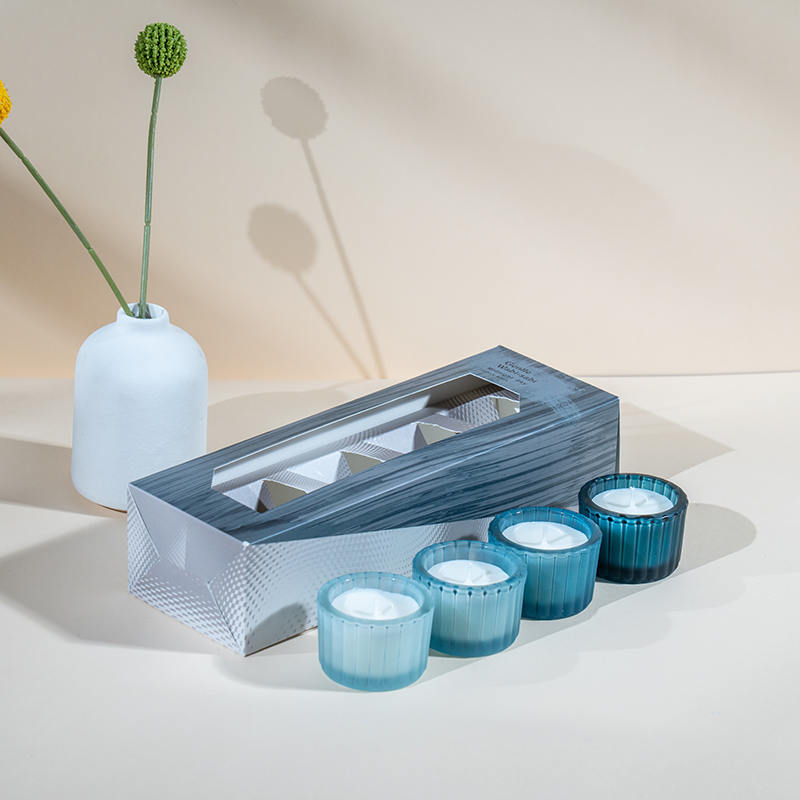 Set 4 cangkir lilin kaca kerdil kecil bergaris vertikal