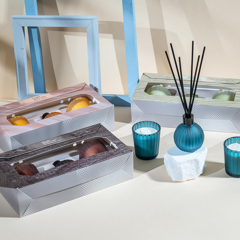 Lilin beraroma gelas kecil bergaris vertikal X2 Botol penyebar buluh volatil bergaris vertikal